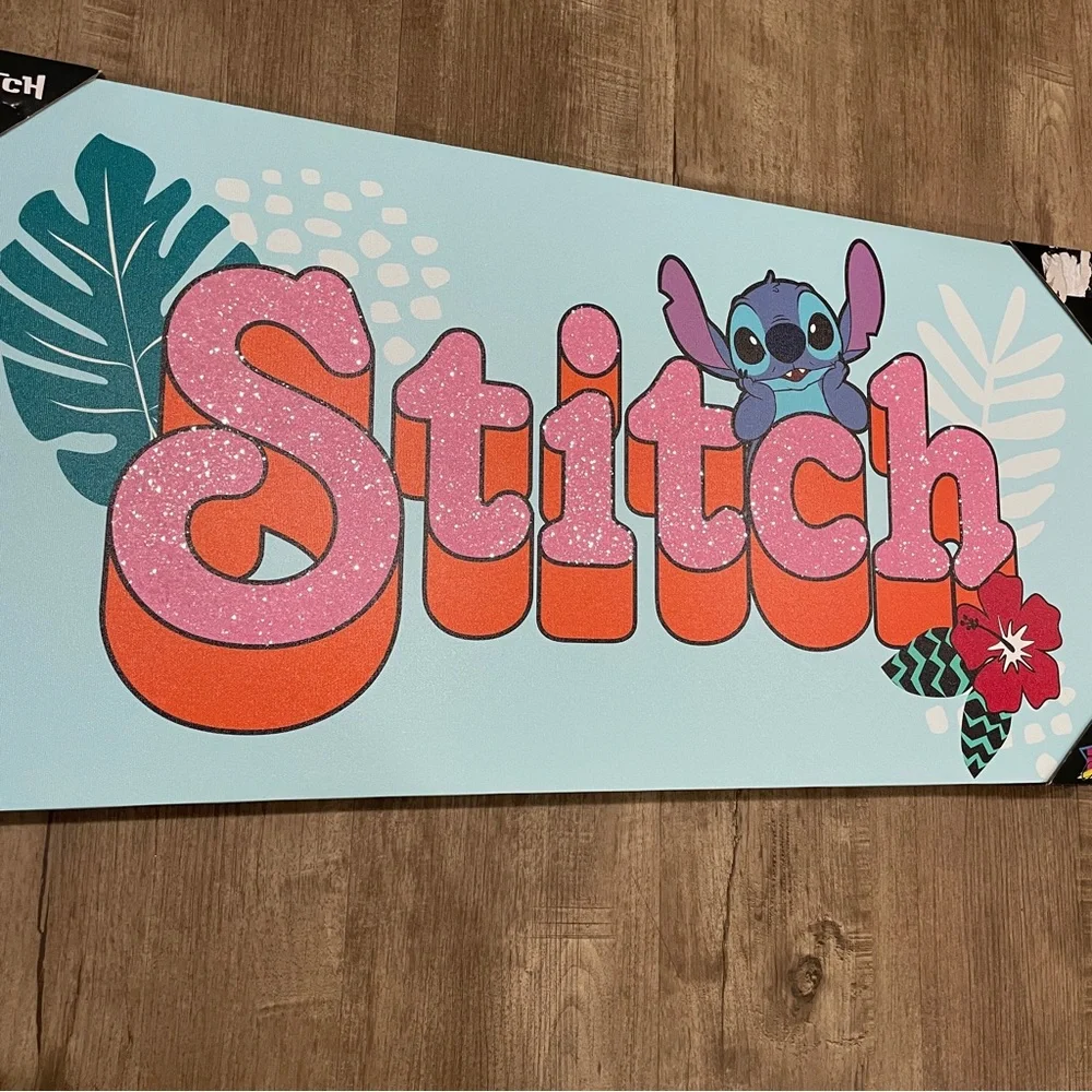 NEW Disney Lilo &‎ Stitch Creations Glitter Canvas Wall Art Tropical Blue Pink